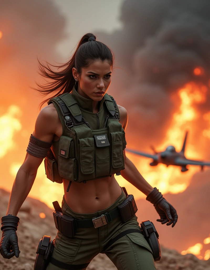 (Photorealism:1.2), Sexy woman, Female soldier attacks fighter plane in Vulcan.