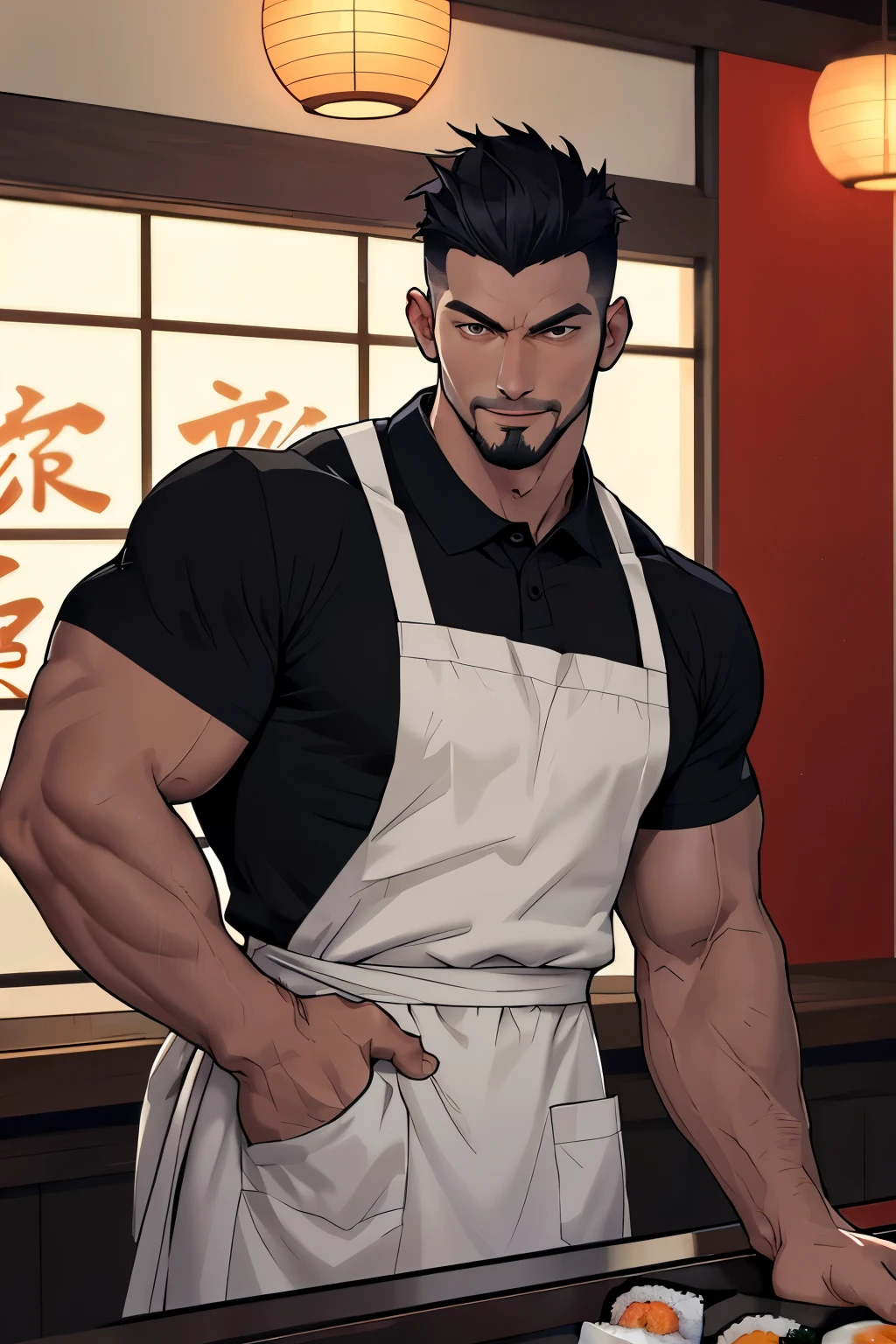 1 tall man 30 years old frontal photo with defined muscular body, bulge marking the apron below, wearing white apron, under the apron he wears a black polo shirt. His appearance is Latin-Asian, wears a goatee, must have a strong jaw, Straight Nose, and a gentle and seductive look. The hair is black, short spiky hair, dark brown eyes serious, in a sushi restaurant setting, it is lit at night, preparing sushi, (dynamic angle)