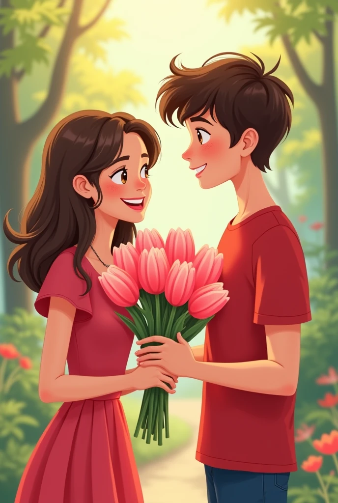 A girl giving pink tulips to a boy ,they should be teenagers 
Make the boy a bit shy , create a cute picture with the girl wearing red dress and the boy wearing red t-shirt 