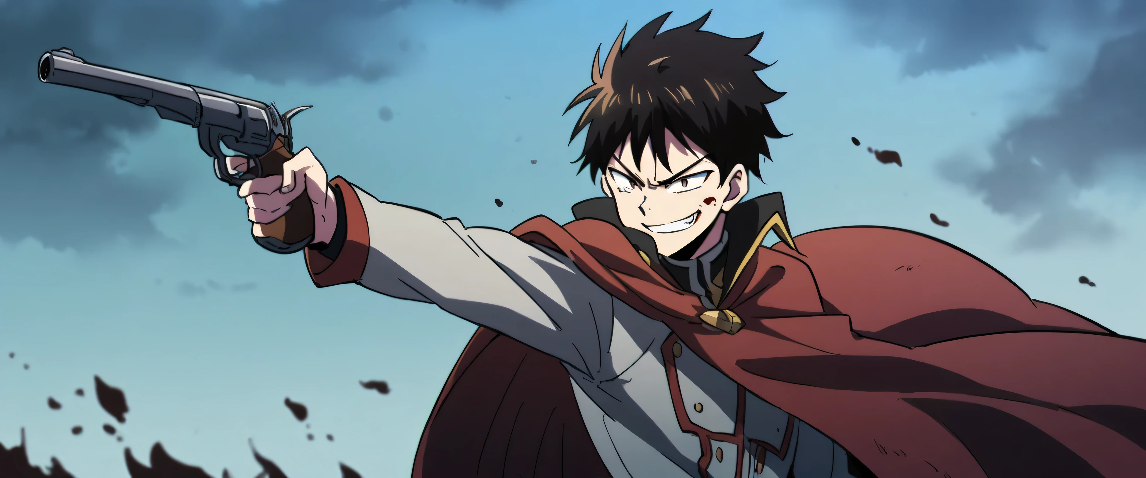 a teenage man in short cape, blood, point his gun at right direction, turned to right, pointing, smiling, evil, anime style.