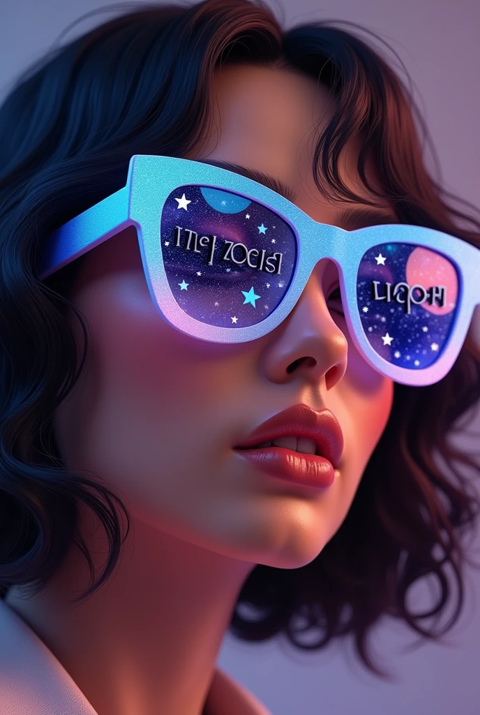 The model is wearing glass sunglasses with stars and the moon on the glass and name on it Msjay