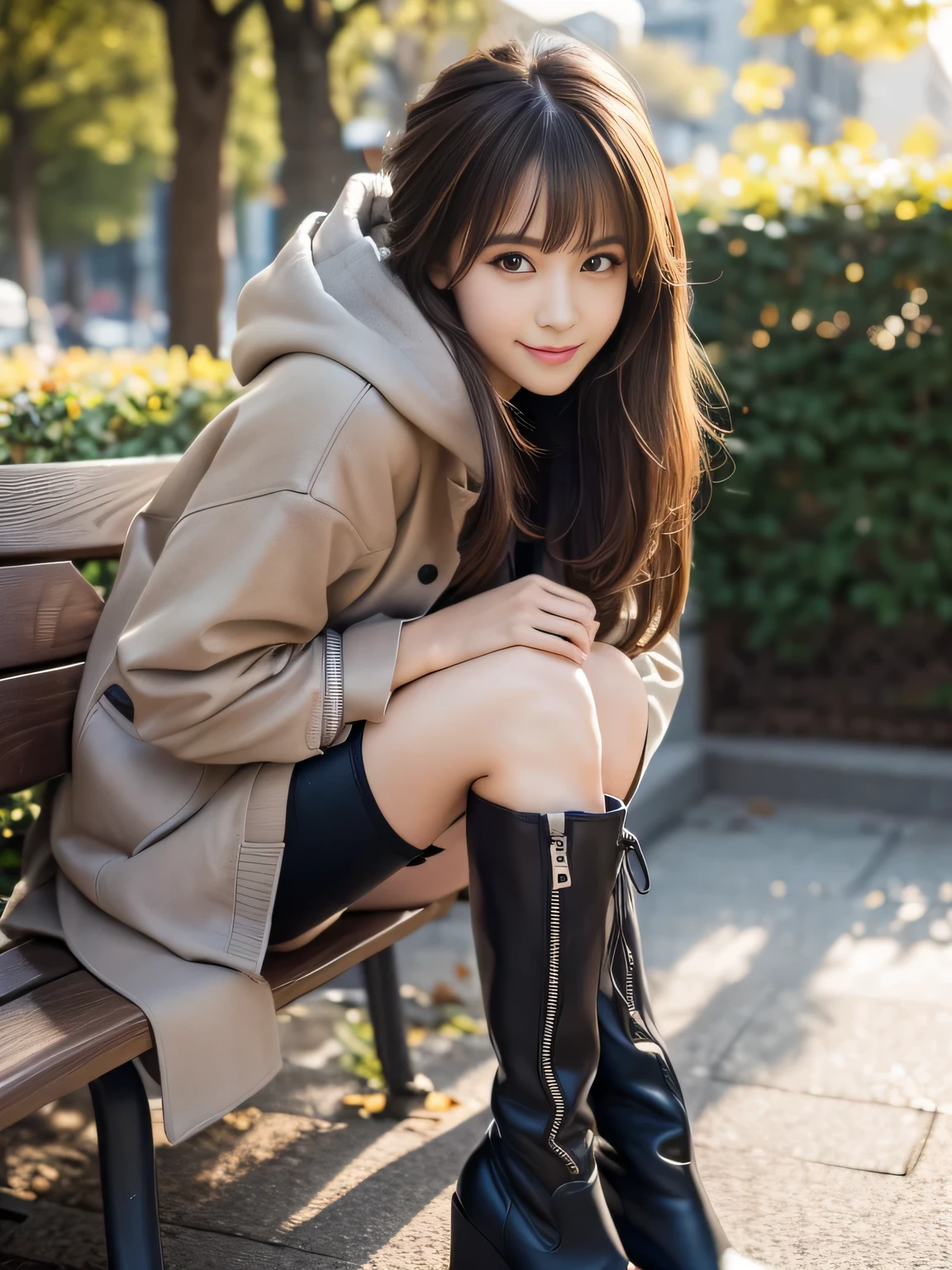 (masterpiece), (best quality, ultra-detailed, hyperdetailed, realistic), sharp features, highly detailed, sharp focus, Realistic, Photorealistic:1.3, perfect face, perfect symmetrically eyes, perfect lips, hyper detailed, hyper realistic, high resolution, Japanese model sitting on a park bench, (Standing posture), Fashion Model, Instagrammer, (19yo:1.3), Slender, brown hair, Stylish, Beautiful Face, light brown hair, messy hair, diagonal bangs, (seductive smile), (looking at viewer), cinematic lighting, blurred background, be photographed from the top of one's knees up, 
BREAK, 
(black boots and a gray coat, wearing an oversized hoodie), (high boots, knee-high boots, over-knee boots, leather boots, platform boots),  