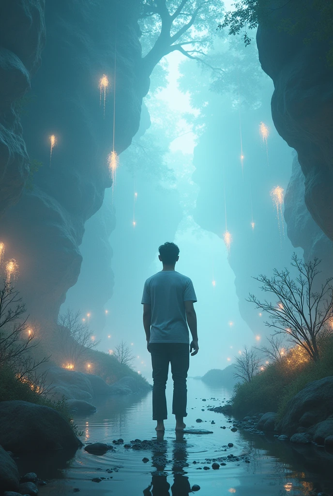 Ethan immerses himself in a 3D virtual reality world designed to help people cope with loss. The world is an ethereal landscape filled with floating memories and holographic representations of Next 