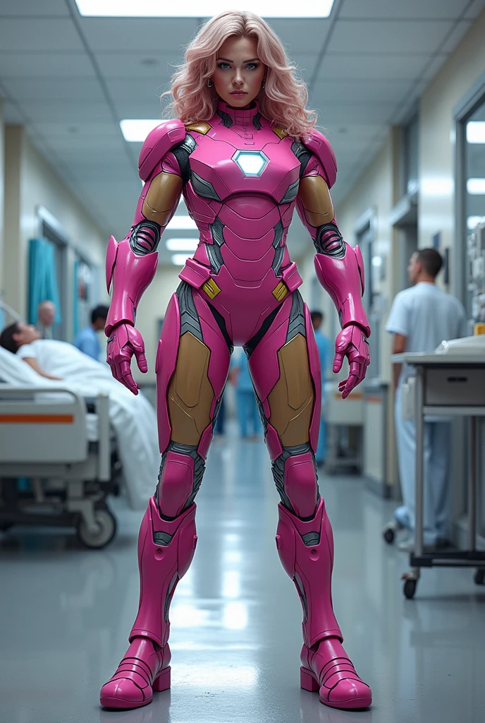 Imagine Female Hulk pink colour body wear iron man Costume in Side Hospital, Wide Angle View, full shirt doctor clothes