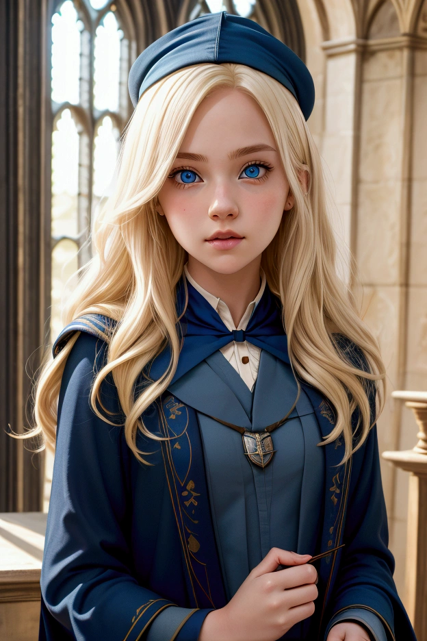 Hogwarts student, girl white skin, bright blonde hair. She has sea blue eyes and is a Ravenclaw in Hogwarts