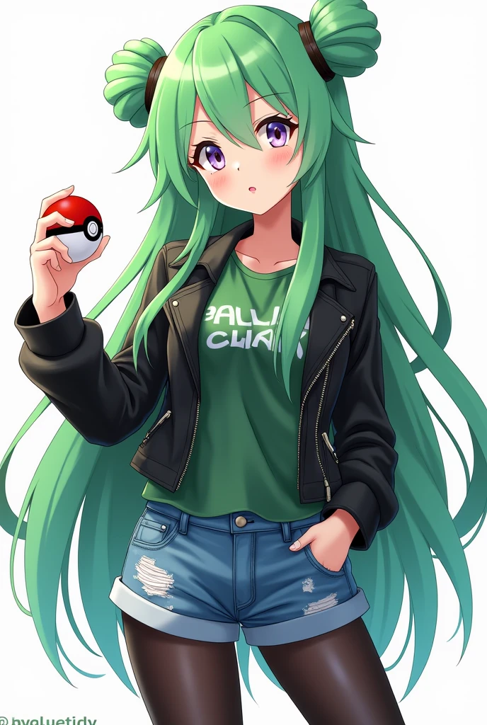 A beautiful woman wearing denim shorts with black stockings, With a long-sleeved shirt and a leather jacket, he has long green hair and his eyes are squinty., hold a pokeball, anime style