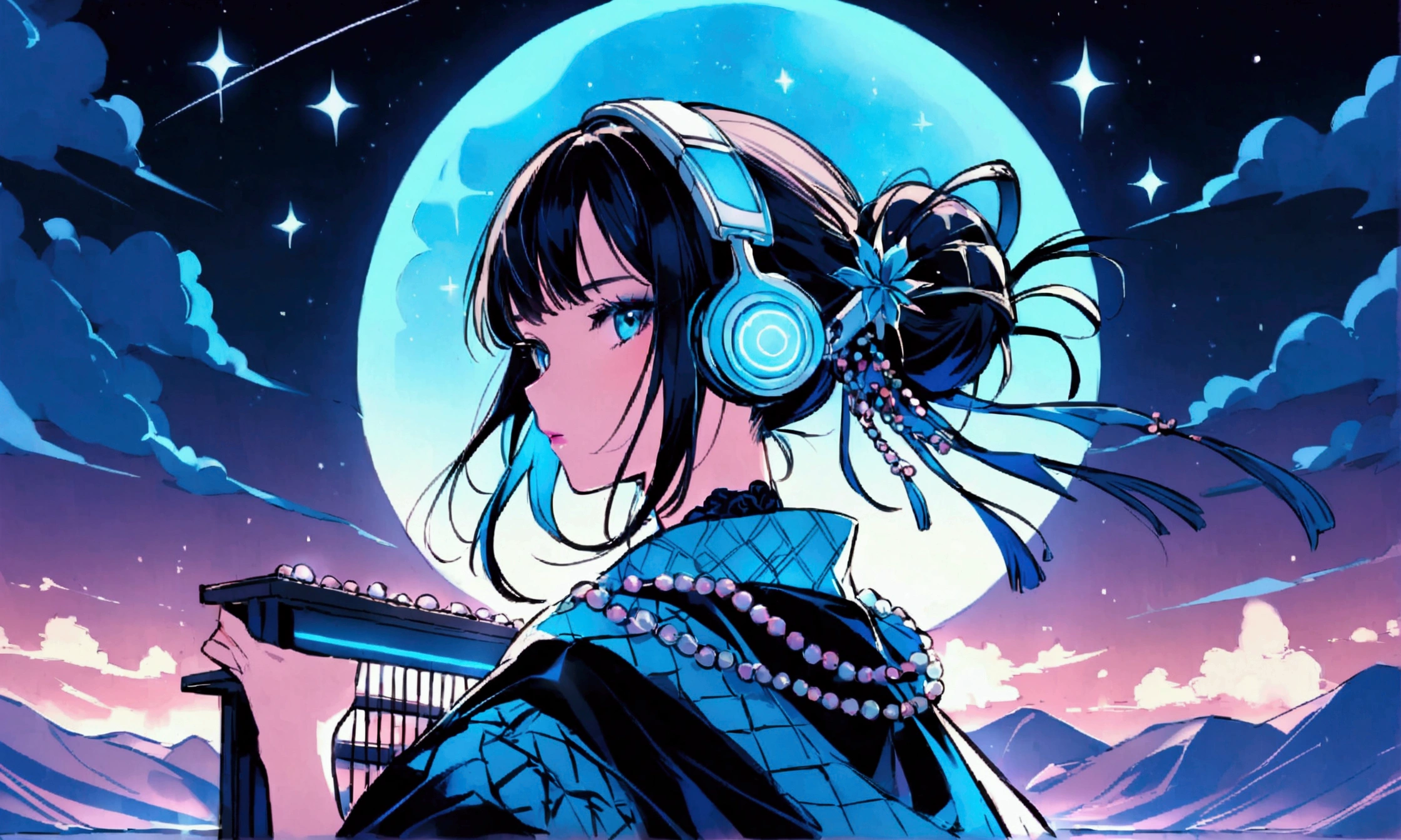 Portrait of a graceful female samurai with makeup in bright turquoise and white, giving her a fresh and lively appearance. Her hair is arranged in a loose bun, adorned with small, decorative beads that sparkle like stars. She is focused on playing a koto, with modern, glowing neon-blue headphones. The backdrop features a serene night landscape with a large, luminous moon and twinkling stars, reflecting a blend of traditional and contemporary elements.
