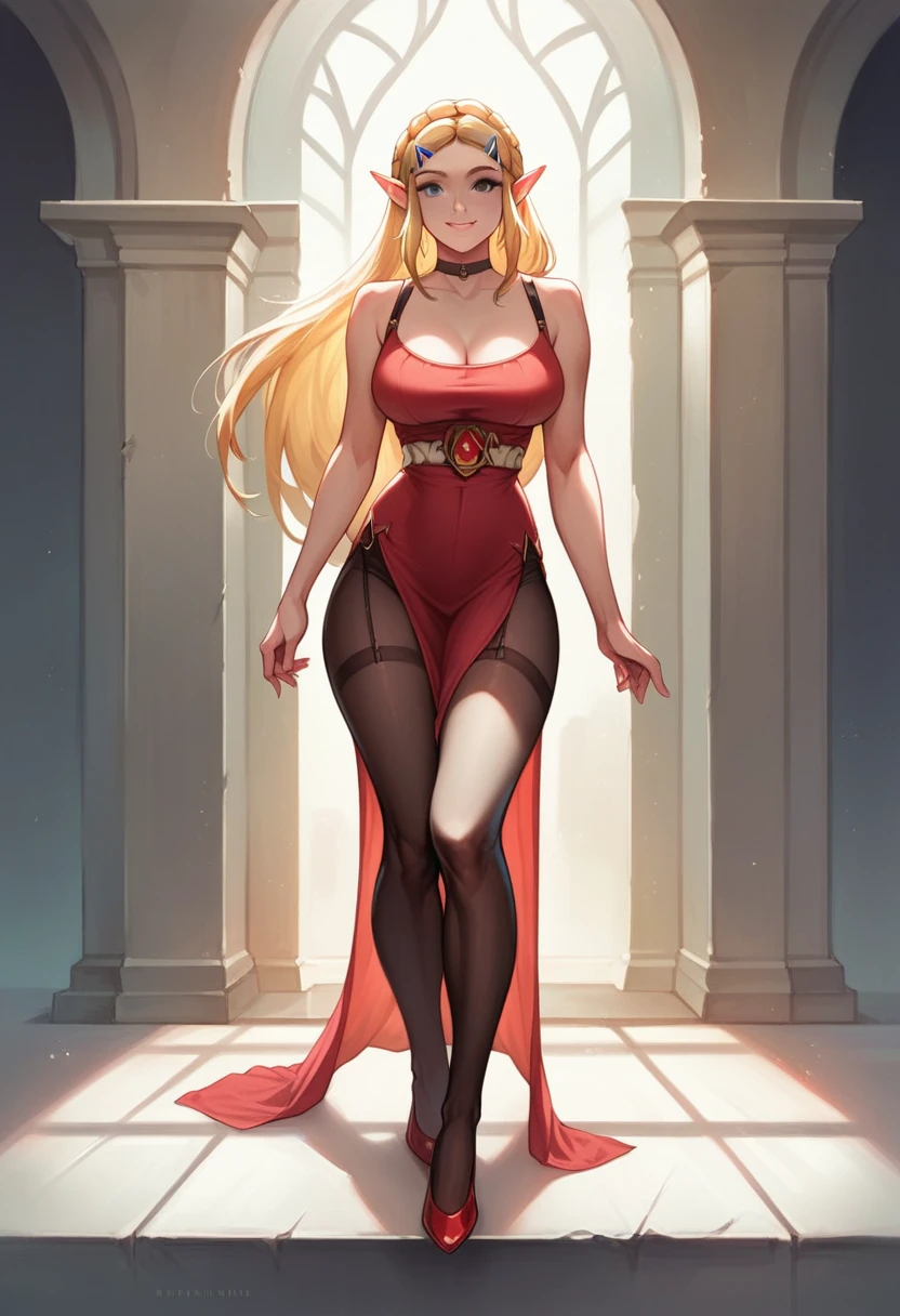 (((princess zelda))), tight red minired dress, black pantyhose, red heels, thin shoulder straps, choker, large breasts, curvy, smiling, highly detailed, 8k, photorealistic, intricate, masterpiece, dramatic lighting, cinematic, fantasy