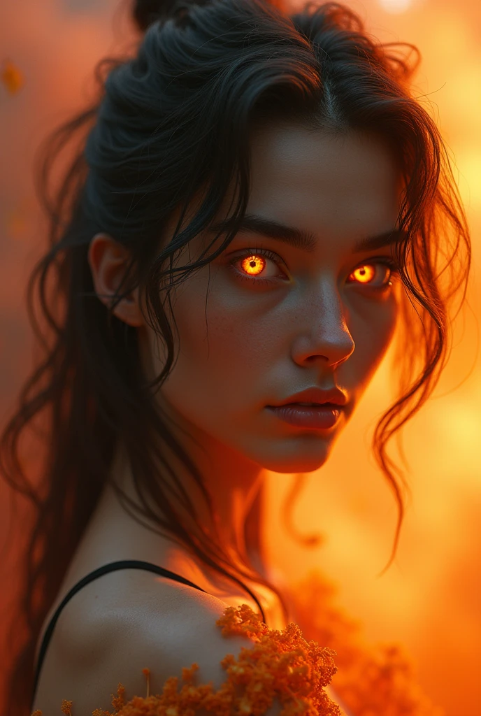 Full body, ultra-photorealistic, surreal, (masterpiece), Princess. messy hair, beautiful face, cinematic light, beautiful woman, predatory look to the camera, (((glowing orange eyes))), perfect ???????, sunset, multicoloured smoke on background, title "Autumn season", wide angle, low angle, close range, style, 8k resolution, elegant, near perfection, dynamic, very detailed, character sheet, concept art, textured skin