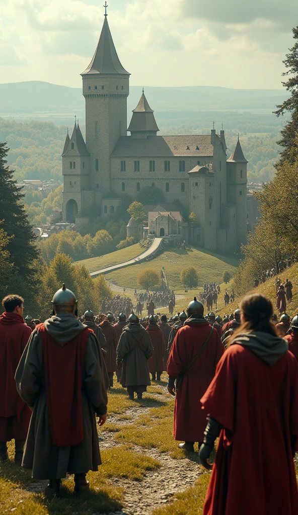 "Medieval Europe in its early stages, fragmented kingdoms and scattered fortresses, post-Roman era, 5th century, knights and peasants in early medieval clothing, European countryside, a new era beginning, distant castles in the background, hyper-realistic, photo realism, cinematography -- ar 9:16"