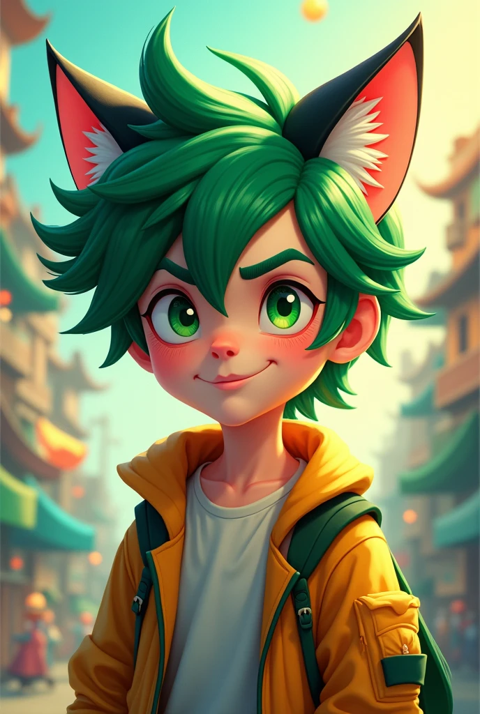 A cool green-haired male cartoon character with cat ears.