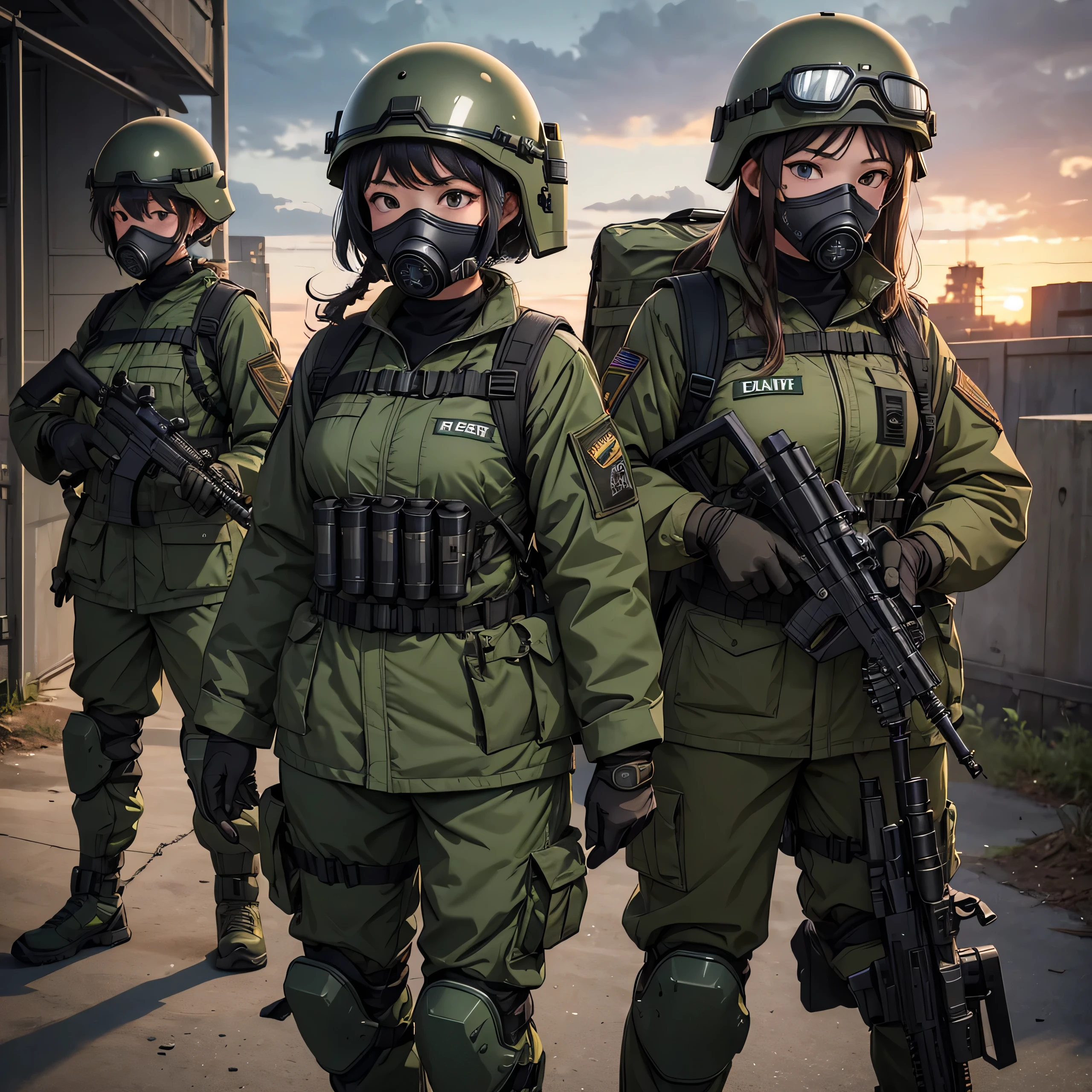 Three female special forces soldiers wearing dark green M-51 military uniforms、Put on a helmet、Wear goggles、wearing gas masks、Individual equipment set、Knee pads、Standing guard at dusk、Write details、masterpiece、best quality、Highly detailed CG、8K picture quality