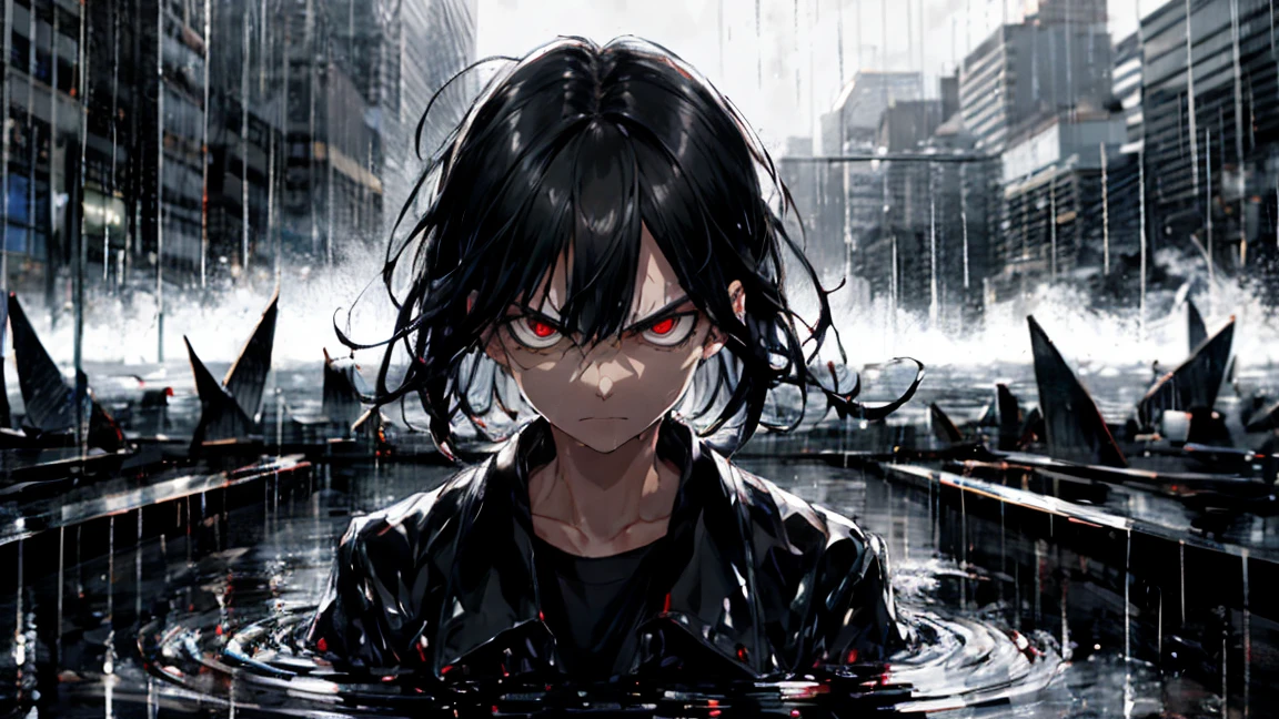 (Best Quality,8k,Ultra-detailed),(Realist:1.37),(Portraiture,Conceptual artist),Intense colors,Sharp focus,(rain:0.9),(Angry Eyes:1.1),length, Damp black hair,Glass barrel bottom,Eye contact with viewers,violent storm background,終わりのないrain)