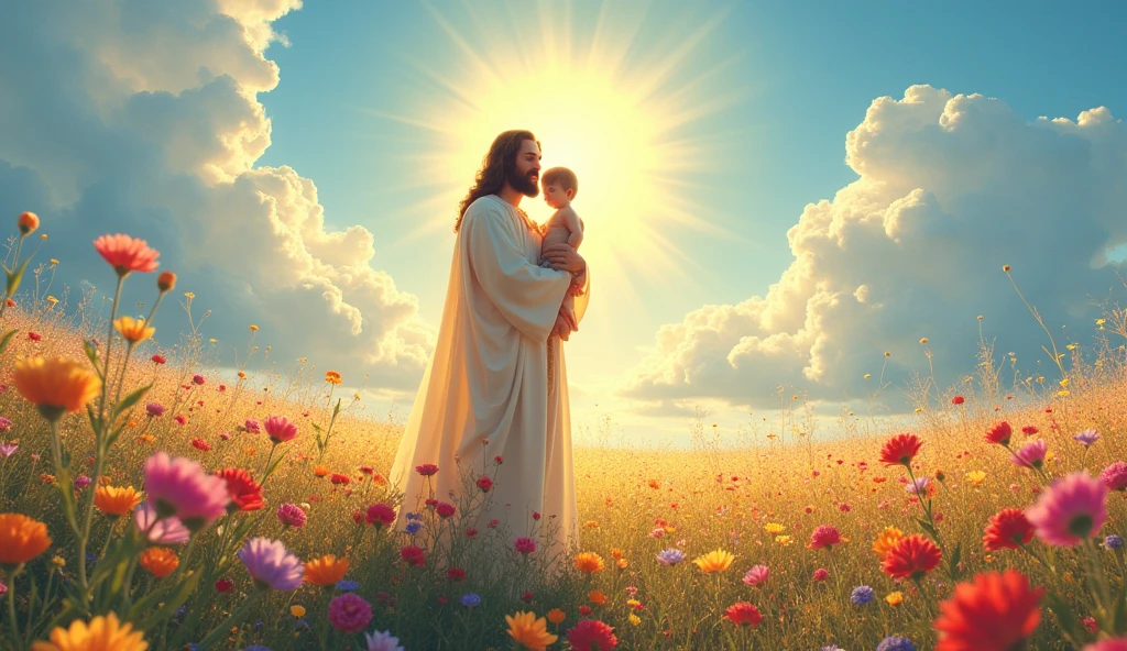 Jesus glowing in the middle of a vibrant field of flowers, holding a small child, clear blue sky with moving clouds above, ethereal, serene atmosphere, soft lighting, highly detailed, cinematic, masterpiece digital painting by Greg Rutkowsky and Thomas Kinkade, 8k resolution