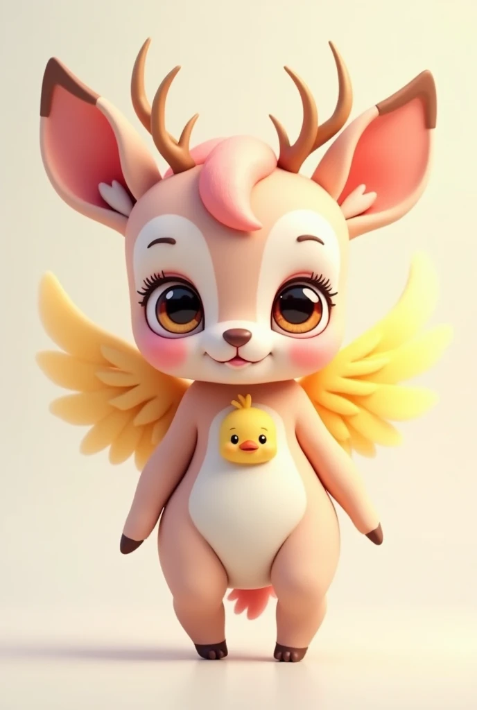 A cute pink and pastel yellow baby with deer ears and yellow wings, yellow feathered wings, small deer antlers, doe eyes, cute, faun spots, faun tail, red eyes, large blond highlights on light pink hair, male, boy, short hair, wearing a cute duck onesie, solo