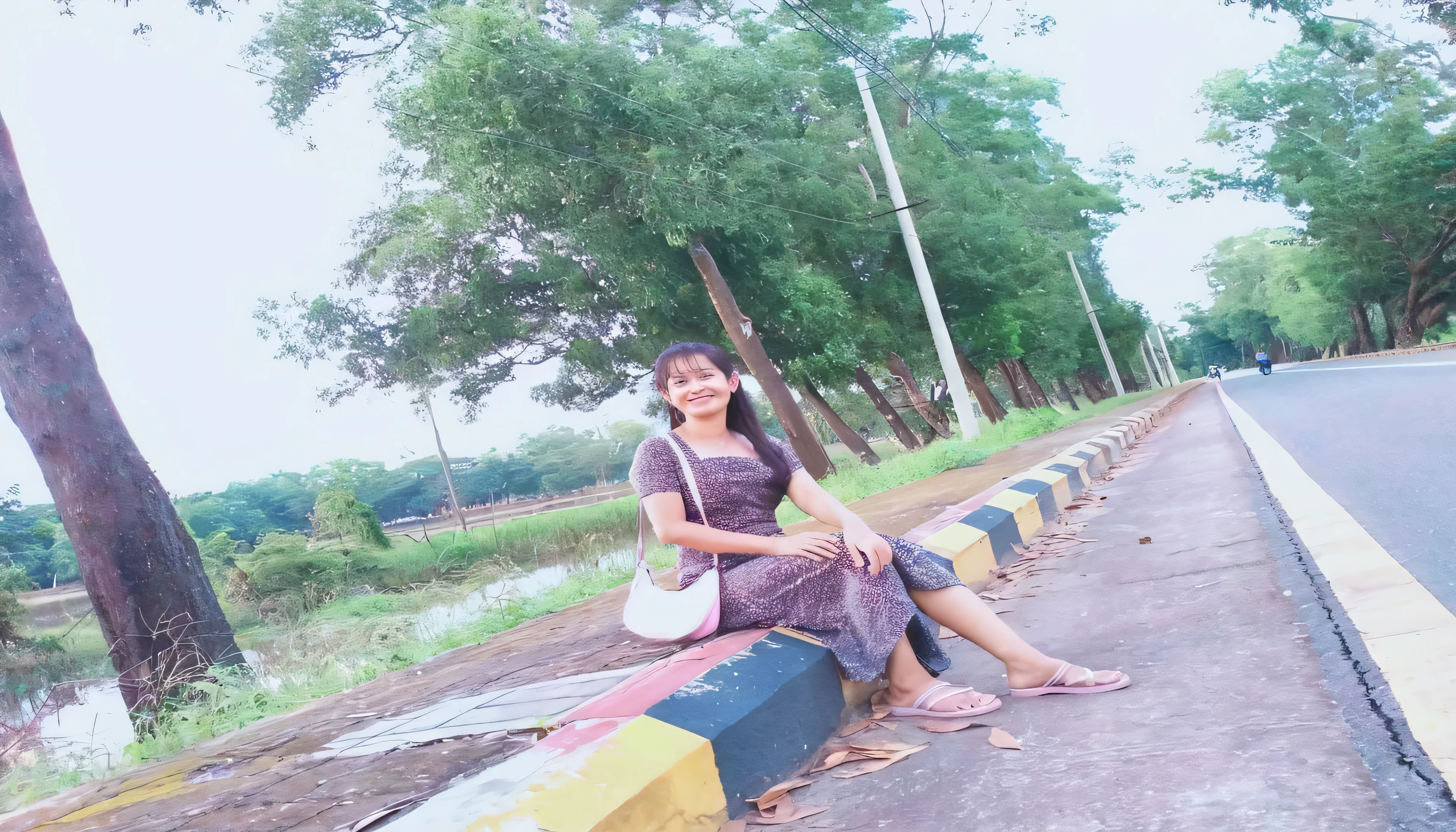 there is a woman sitting on a curb next to a road, with lovely look, candid picture, on a road, assamese aesthetic, in a park, taken with the best dlsr camera, standing in road, candid photo, photograpgy, old picture, very very low quality picture, in city street, with a park in the background