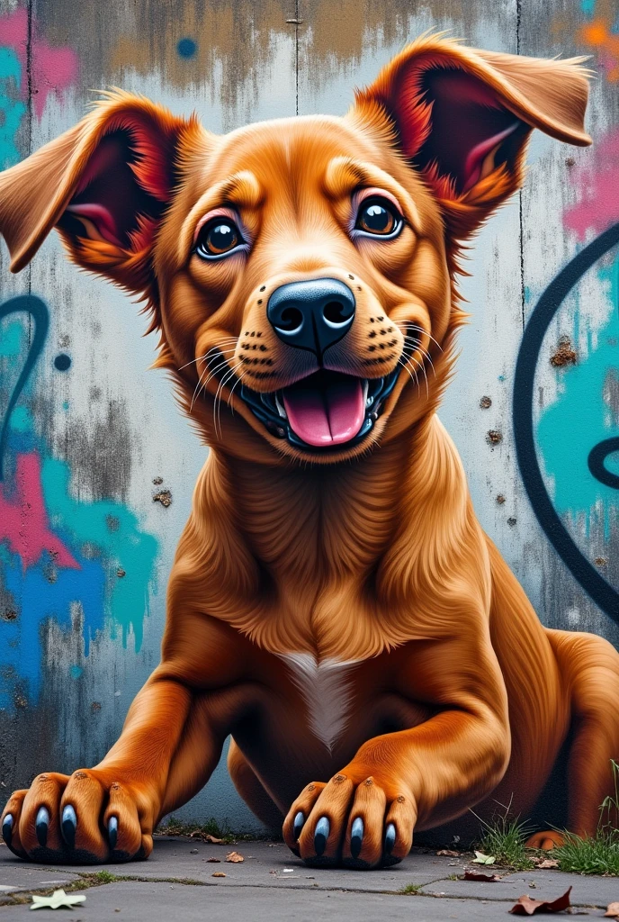 A graffiti paying homage to a brown dog with its ears pricked up 