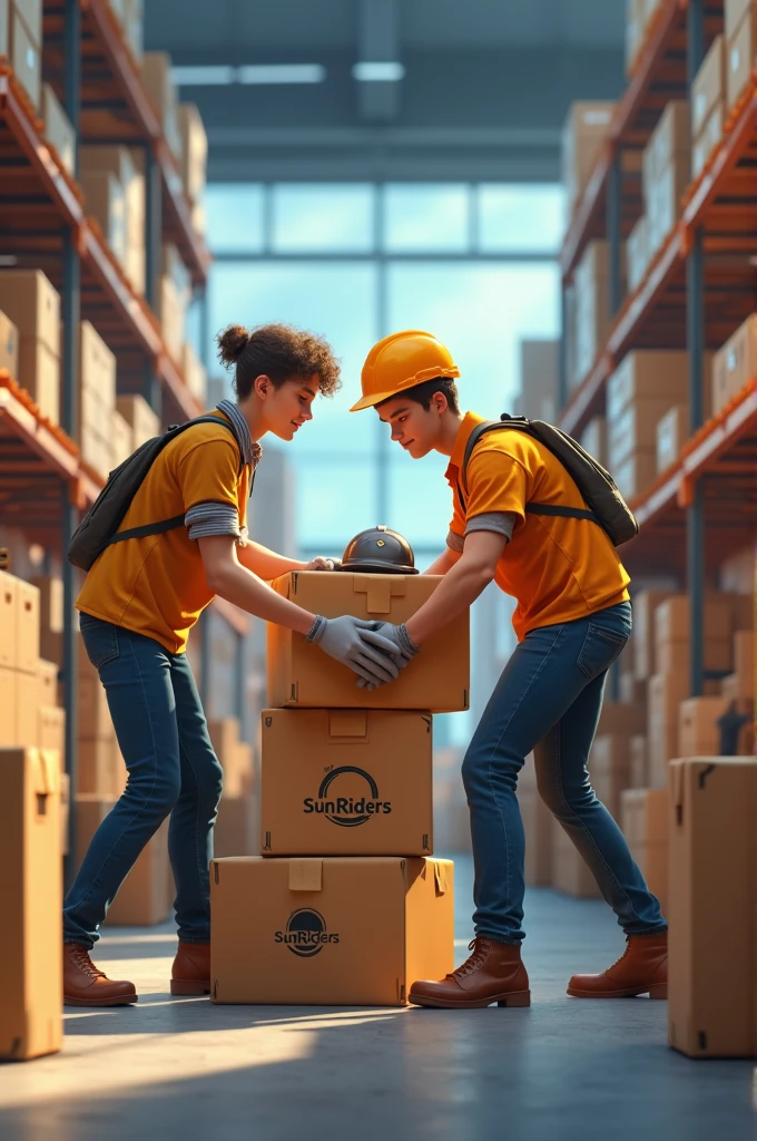 A helmet box warehouse is two people helping to load several helmet boxes.,young people of approximately 2 and a logo that says SUN RIDERS