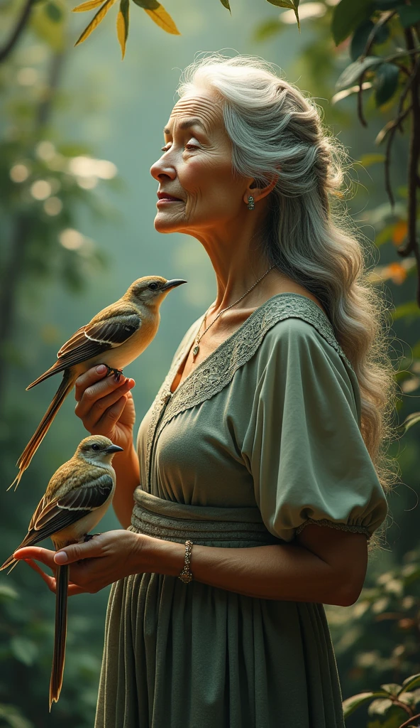 a elderly woman with birds, delicate detailed face, elegant long hair, graceful posture, birds perched on her hands and shoulders, detailed feathers and plumage, lush nature background, soft warm lighting, detailed textures, photorealistic, vibrant colors, cinematic composition, fantasy portrait