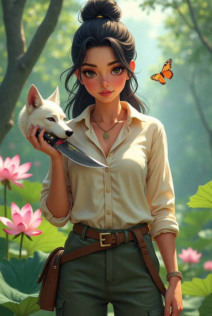 She is a girl who likes nature, she likes free style and aesthetics. She style is fierce. She symbolizes a woman with a high IQ and of course she is beautiful, with black eyes . Make it in animated form There is always a lotus flower that she likes. And he likes butterflies. He likes it in the house. Dress like an adventurer. Wearing an cream colored shirt , cargo pants Cream colored and adventure Knife in hand And hair in a bun. Ada kepala serigala sangat menyeramkan berwarna putih di bawah tangan sedang di belai