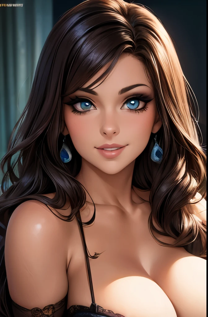 hyper-realistic, a glamour shot of a smiling waifu (extremely long wavy hair), cupping (squeezing) her breast, big ass, leaning toward the viewer, cowgirl pose, with Smokey eyeshadow and knowing smile, heavy eyeshadow and mascara, wearing an evening dress, underboob, side boob, insanely detailed face and eyes, intricate, hyper-detailed bedroom, a romantic evening, digital illustration, masterpiece, beautiful eyes, atmospheric lighting, centered, perfect anatomy, glowing eyes, candid portrait, clear, very detailed, smooth, sharp focus, focused on the viewer