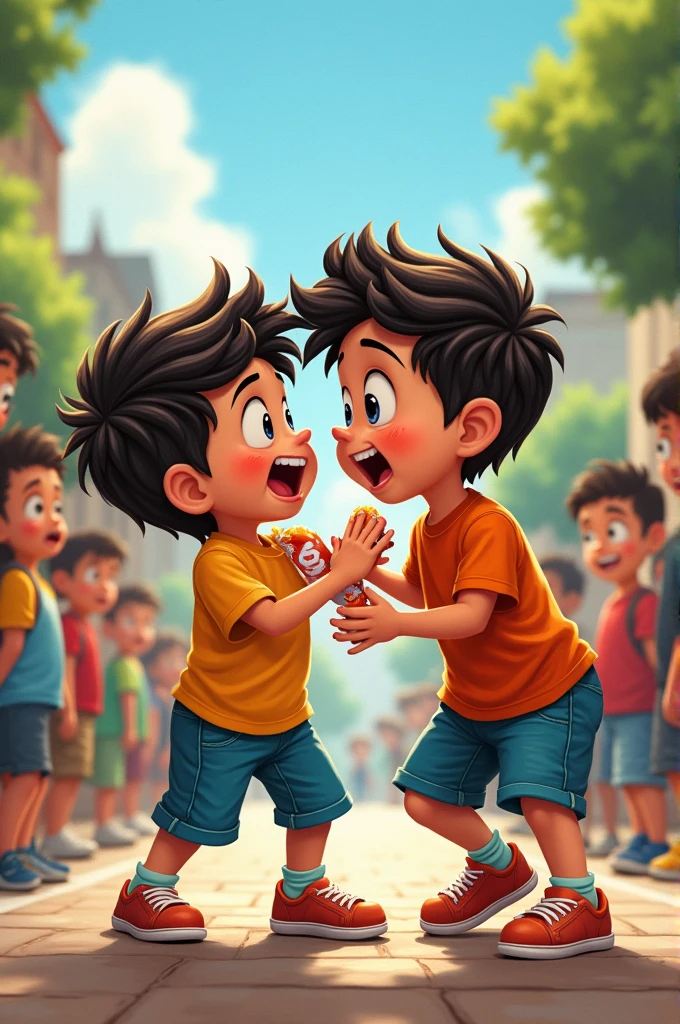 Juan Pablo and Cesar fighting over a candy that Matheo gave him with Huwu