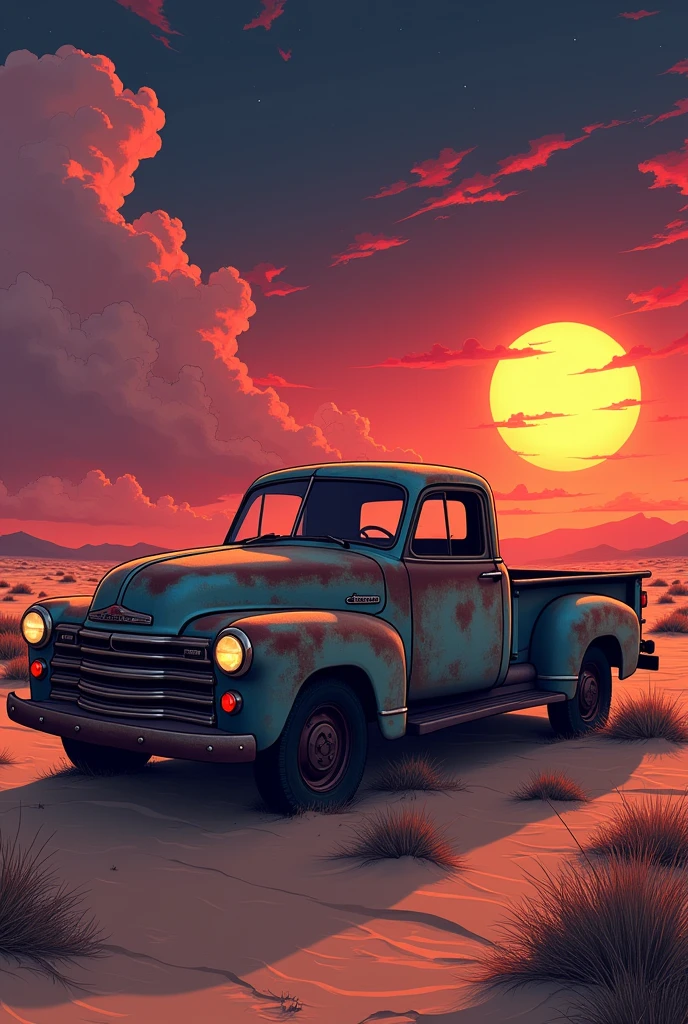 Create a vintage Japanese anime-style illustration of An old, rusted pickup truck sits in the middle of a vast desert at dusk. The sky is a dramatic blend of deep reds and purples, and the moon glows bright yellow against the darkening sky. The colors of the sky are mirrored on the sand, creating an intense, exaggerated vibe that adds a mysterious allure to the scene. creating a tranquil and serene scene, a nostalgic and energetic vibe. Ghibli-inspired moment. enchanting ambiance, 300dpi resolution, masterpiece, detailed illustration, detailed illustration, Japanese illustration style.