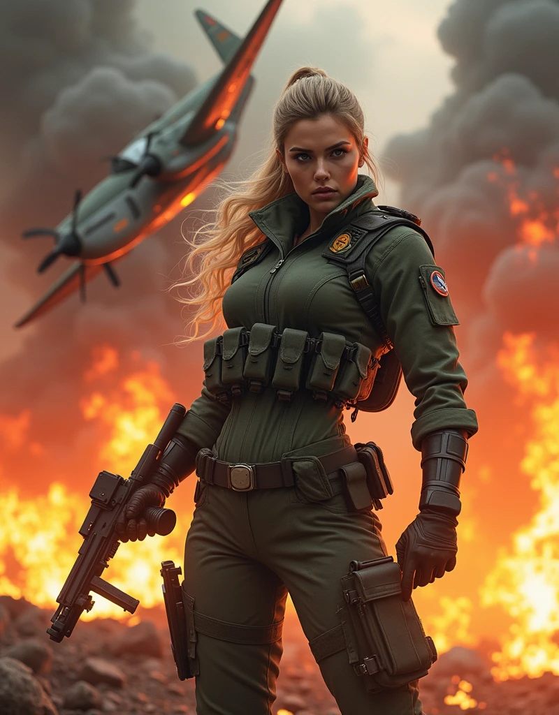 (Photorealism:1.2), Sexy woman, Female soldier attacks fighter plane in Vulcan.