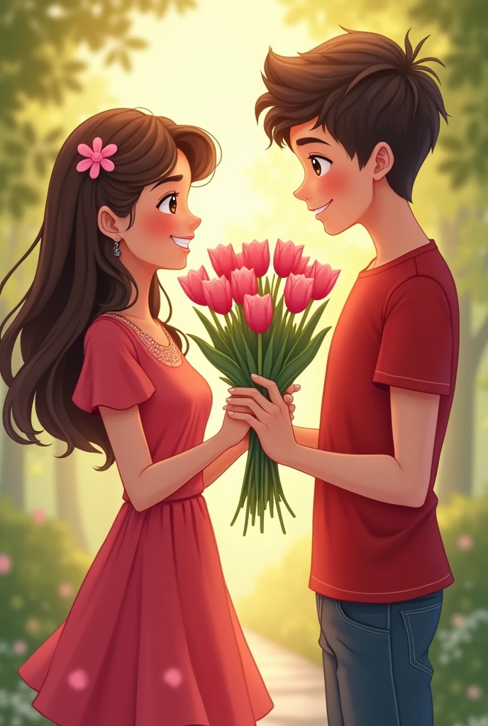 A girl giving pink tulips to a boy ,they should be teenagers
Make the boy a bit shy , create a cute picture with the girl wearing red dress and the boy wearing red t-shirt