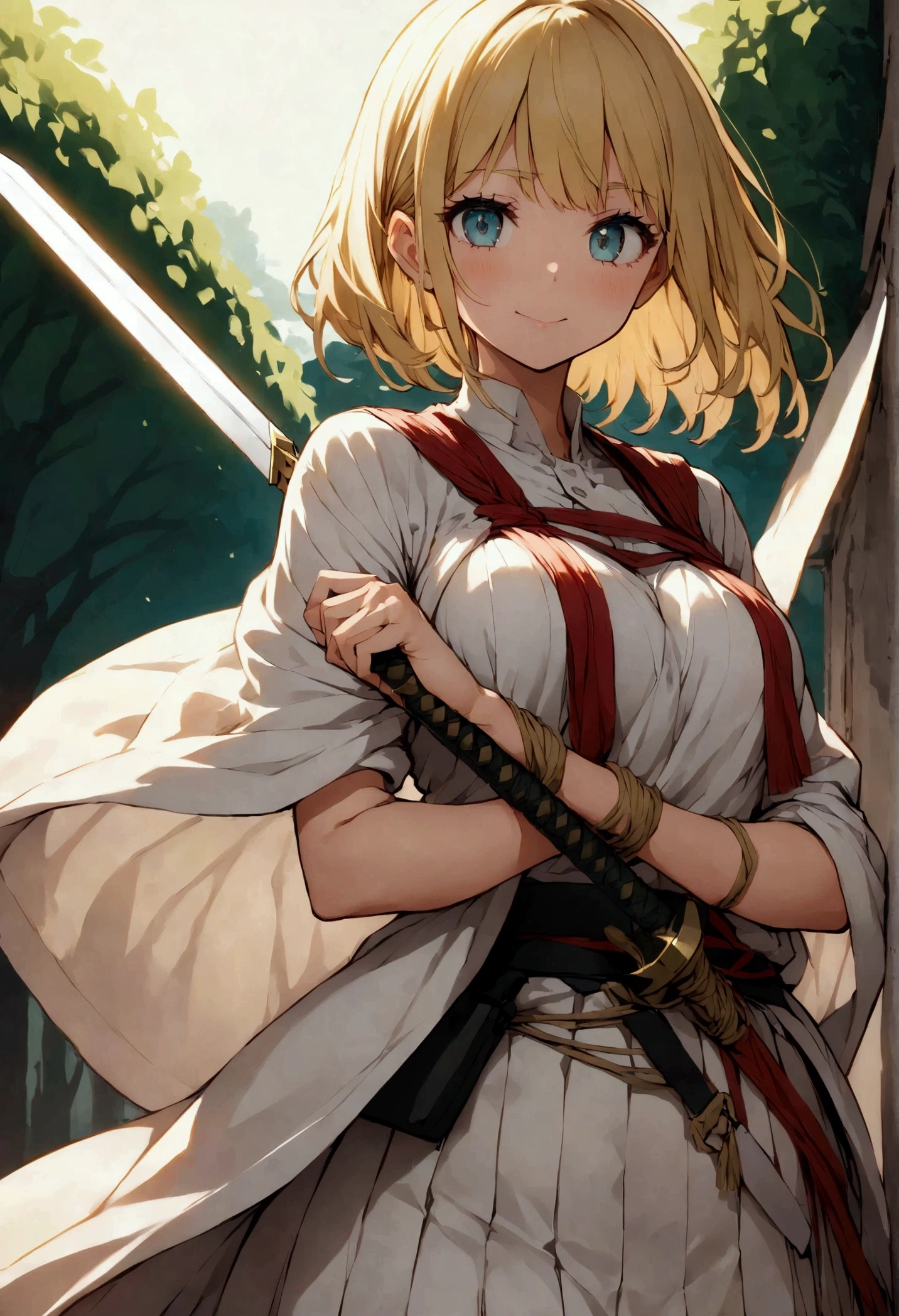 She holds the sword tightly, A blade shining in the light, Reflects your expertise and combat readiness. The sword is precisely carved, Tsukato (cable) Wrapping up the messenger (code) Carefully woven.