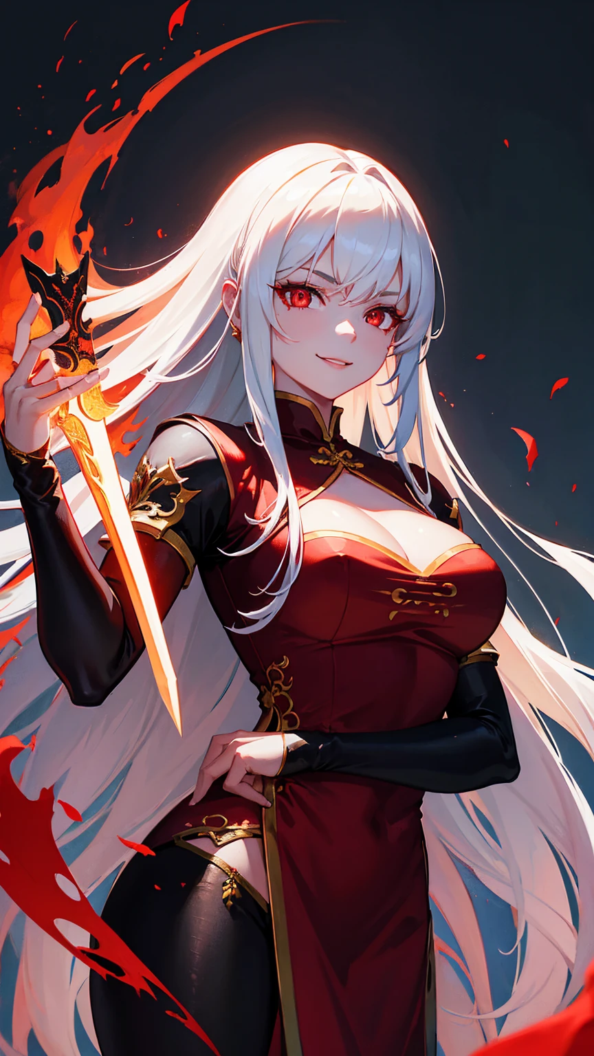 1girl, dragon,china dress, long white hair, red eyes, holding knives, confident smile, masterpiece, best quality, 8k, hyperrealistic, cinematic lighting, dramatic, dark fantasy, magical realism, vibrant colors, chiaroscuro, dramatic composition