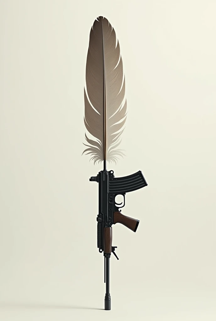 A bird feather extending into a vertical Kalashnikov, barrel down