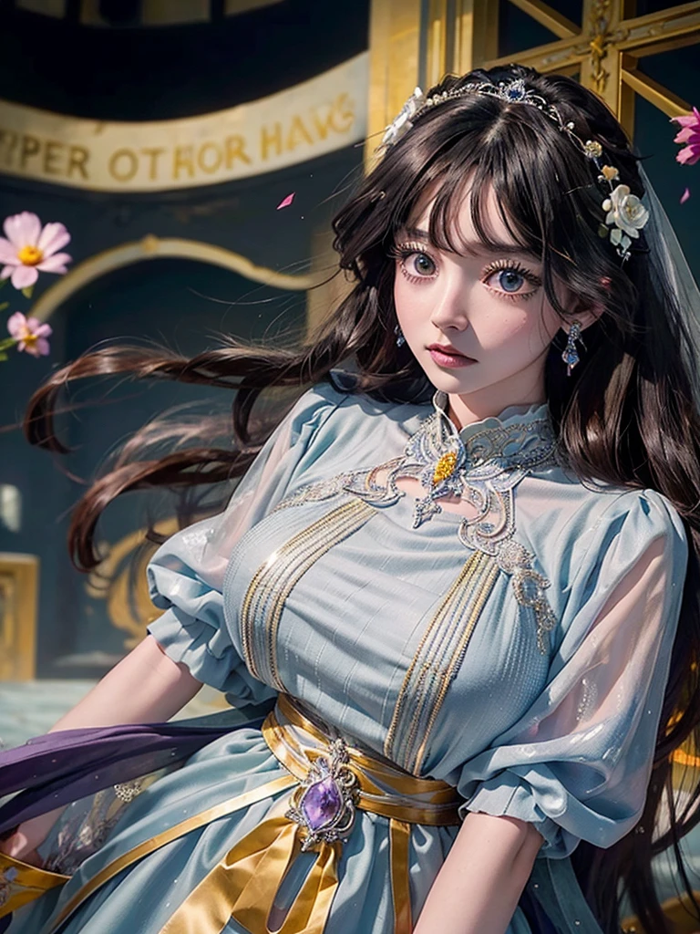 Beautiful black hair woman is shown to have a sexy figure. She is wearing a beautiful detailed wedding dress , jewelry, holding a bouquet of flowers, she has purple eyes, Girl standing in a church aisle, sexy session, front facing viewer, cowboy shot, superior quality, many details, realistic