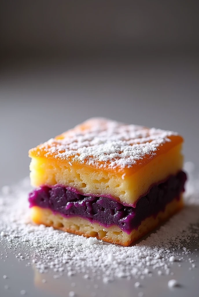 Create a square kunafa with the ube flavor inside (the ube flavor should be visible between the kunafa