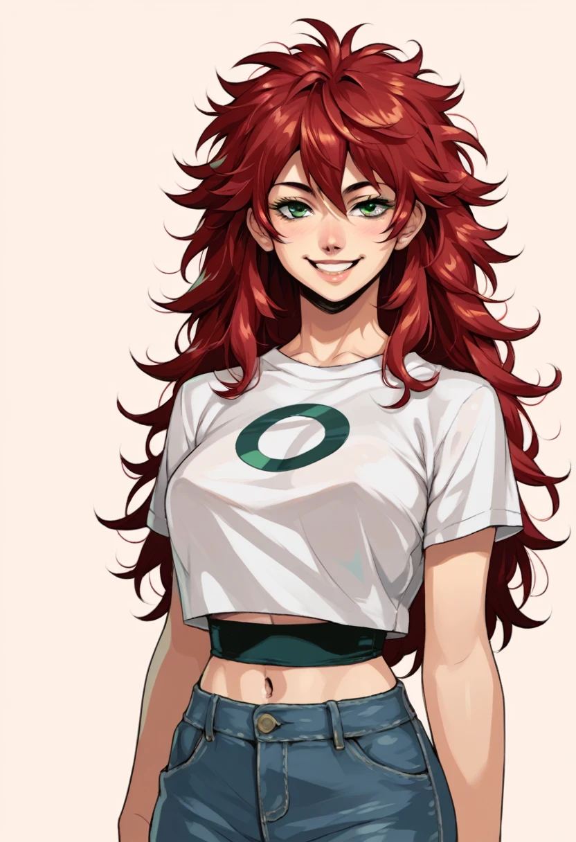 score_9, score_8_up, score_7_up, score_6_up, score_5_up, score_4_up, source_anime, BREAK, 1girl, red hair, messy hair,  long hair, green eyes, miniskirt, shirt, navel cutout, slutty smile, seductive smile  oldschool, 