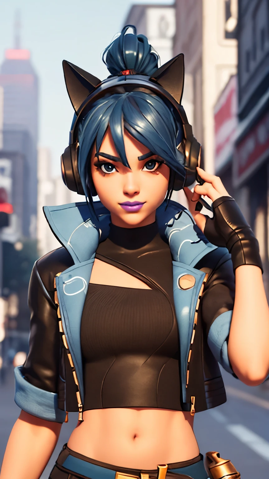 City background, 1girl, solo, HeroicHopeFN, Heroic Hope from fortnite, (crop top, black top, open clothes), (jacket crop top, black jacket, blue loose, jacket loose), fingerless gloves, black pants, blue belt, blue hair, ponytail, blue eyes, eyeshadow, headphones, cat ears headphones, holster, purple lips, lipsticks, smirk, upper body, looking at viewer,