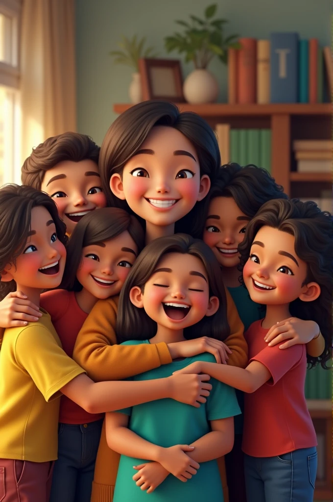 Students hugging teacher
