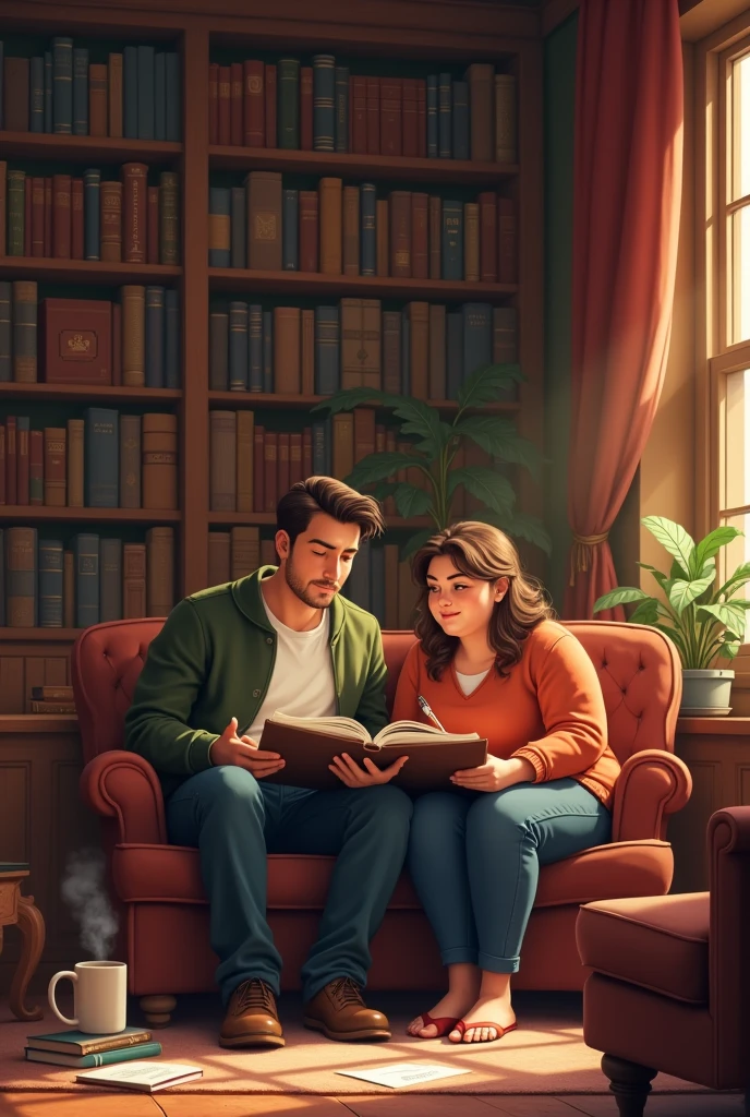 um casal, Tall thin man, chubby woman, writing a book together in your home library.