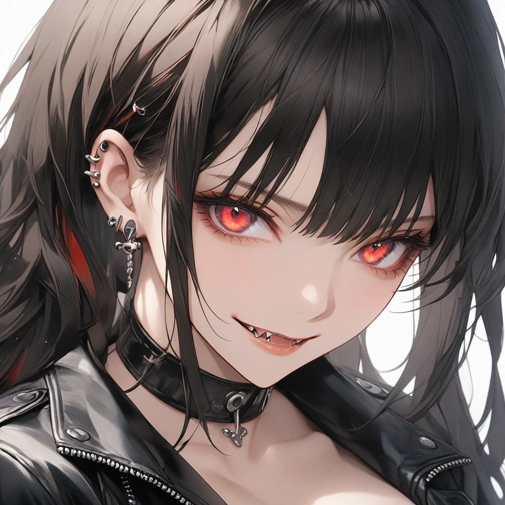high resolution, Masterpiece, Anatomically correct, precise, qualityที่ดีที่สุด, quality, 1 woman, Age 25 years ,long hair, dark hair, crimson eyes, big breasts, full bangs , Dark makeup, A cold expression simple background, Close-up , Anime style,Wearing black leather jacket, Sharp eyes ,mature woman,piercings , smirk, fangs