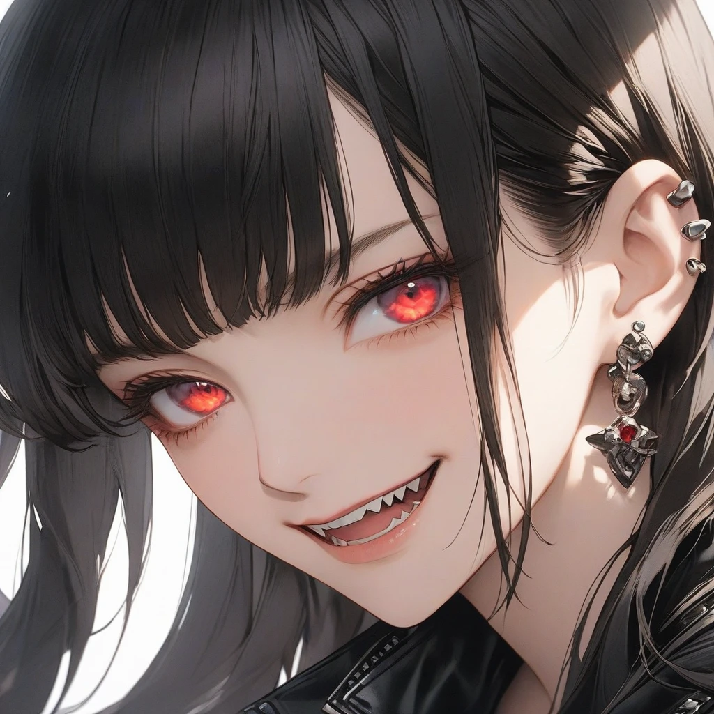 high resolution, Masterpiece, Anatomically correct, precise, qualityที่ดีที่สุด, quality, 1 woman, Age 25 years ,long hair, dark hair, crimson eyes, big breasts, full bangs , Dark makeup, A cold expression simple background, Close-up , Anime style,Wearing black leather jacket, Sharp eyes ,mature woman,piercings , smirk, fangs