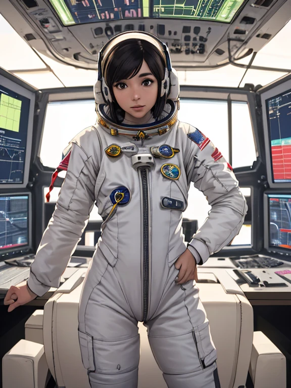 A female astronaut talking to a male astronaut in their futuristic control center