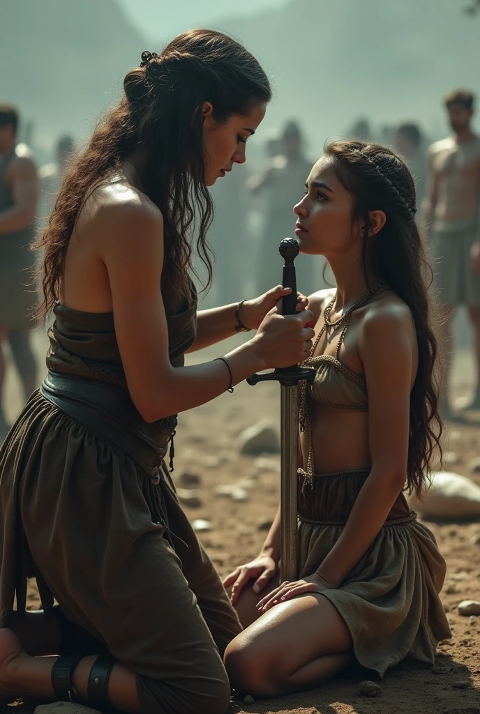 Realism, super quality, action photography style, a defeated woman kneels, her son () holds the tip of a sword to a woman's throat, knife stab in the throat, Her head is thrown back strongly.., the woman has a large manly Adam's apple, (woman - 30 year old warrior, throat slit, gothic makeup, pale skin, long hair) (son is ) ancient greece battle