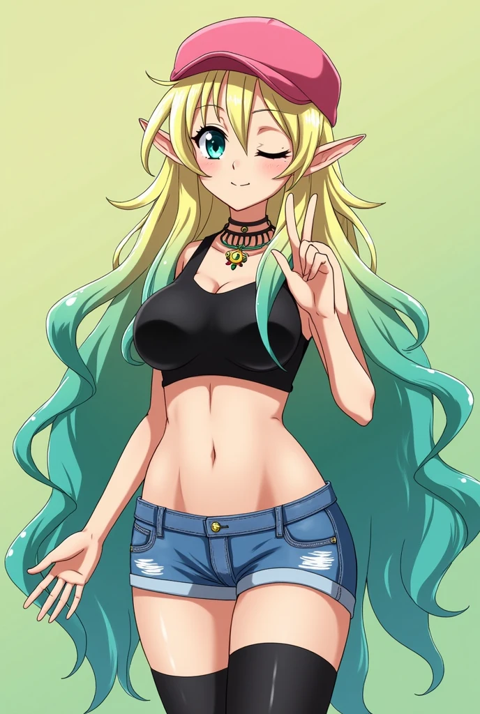 In her human form, Quetzalcoatl is a tall, fair-skinned woman with an hourglass figure and large breasts. She has long, wavy blonde hair, in the anime her hair takes on a turquoise and green color at the ends. She has heterochromia, where one iris has a different coloration from the other. Her left eye is navy blue on the outside and yellow on the inside, with a green, slit pupil. Her right eye is green on the outside with designs and black on the inside with a yellow, slit pupil. Although she tends to keep her eyes closed most of the time. Like Tohru, Quetzalcoatl keeps her horns but does not retain her tail, or decides to keep it hidden. When she first arrives at Kobayashi's home, she dons a pink cap, a choker, and necklace (only in the manga), a black tank top that exposes her cleavage and stomach (covers her stomach in the anime), jean booty-shorts that reveal a generous portion of her buttocks (in anime), thigh-high black stockings, and pink shoes. She does not wear a bra, which allows her voluminous breasts to jiggle and bounce without much restraint with every movement she makes, creating a distracting environment to those around her, especially males. However, this seemed to be advantageous as it helped a young boy named Shouta Magatsuchi win a relay race as many of the other male runners were distracted by her breasts bouncing. Kobayashi even comments that her outfit "does not leave much to the imagination." Do it anime style