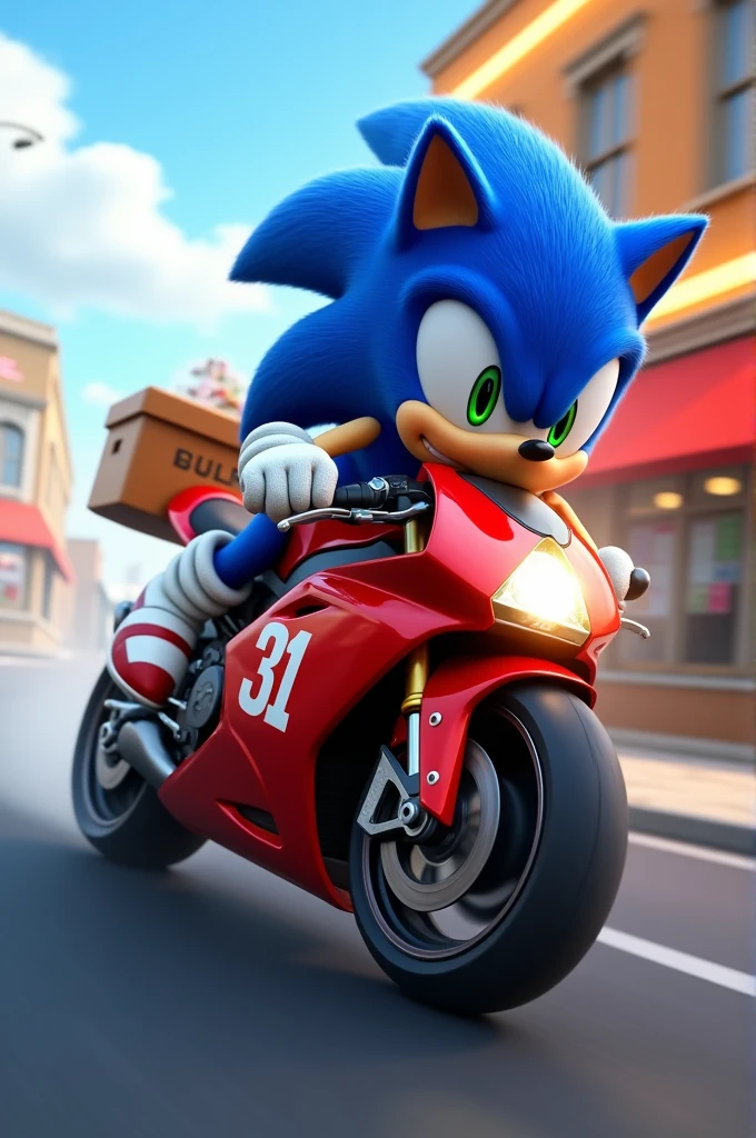 Create a png image of Sonic delivering food on a motorcycle and the number 31 can be seen on the motorcycle