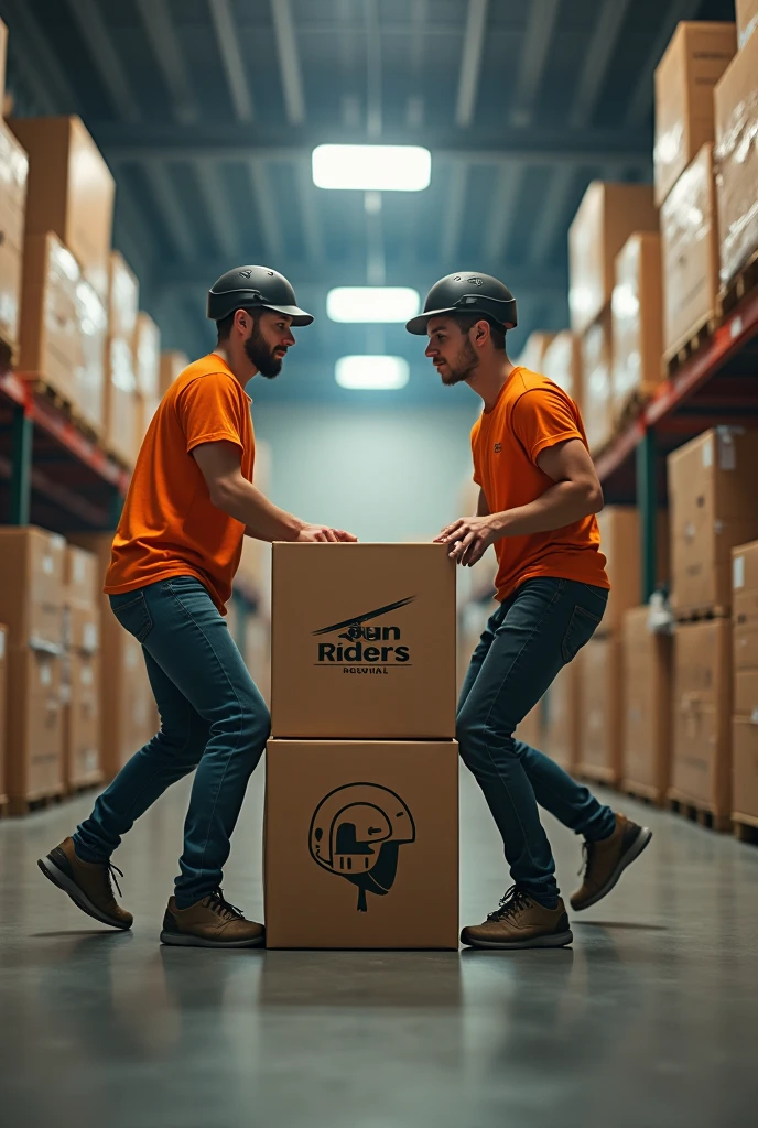 A helmet box warehouse is two people helping to load several helmet boxes.,young people around 2 handsome men a logo that says SUN RIDERS