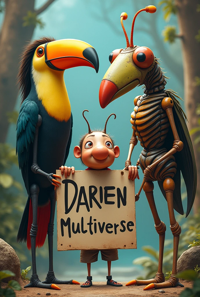 Make me a big nose with an extremely huge nose next to a toucan with a human body and a mosquito also with a human body holding a sign that says Darien multiverse