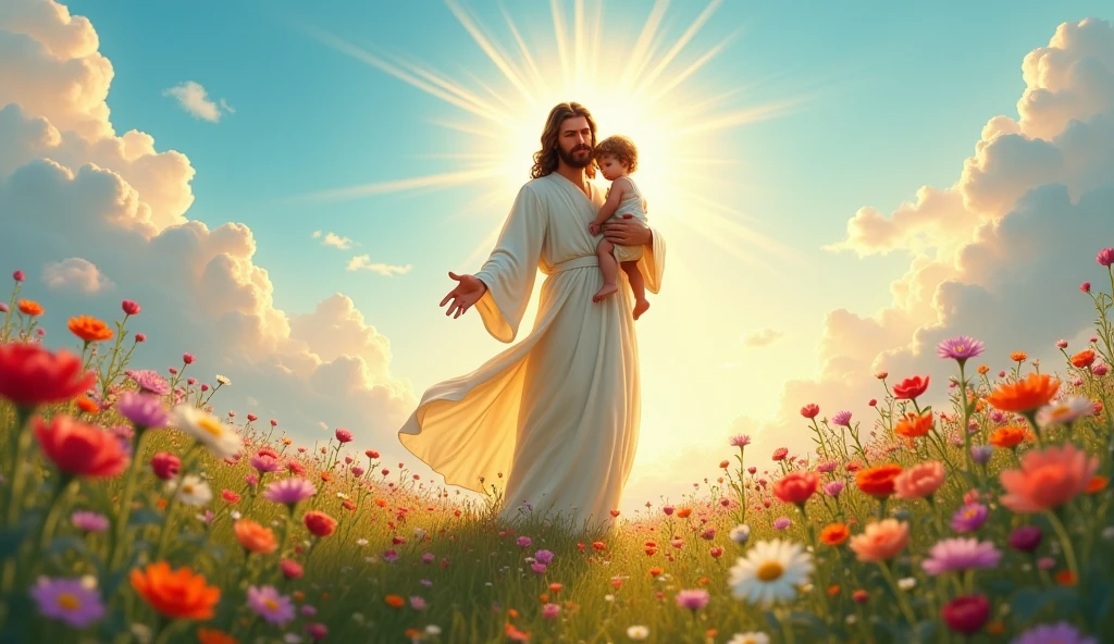 Jesus glowing in the middle of a vibrant field of flowers, holding a small child, clear blue sky with moving clouds above, ethereal, serene atmosphere, soft lighting, highly detailed, cinematic, masterpiece digital painting by Greg Rutkowsky and Thomas Kinkade, 8k resolution