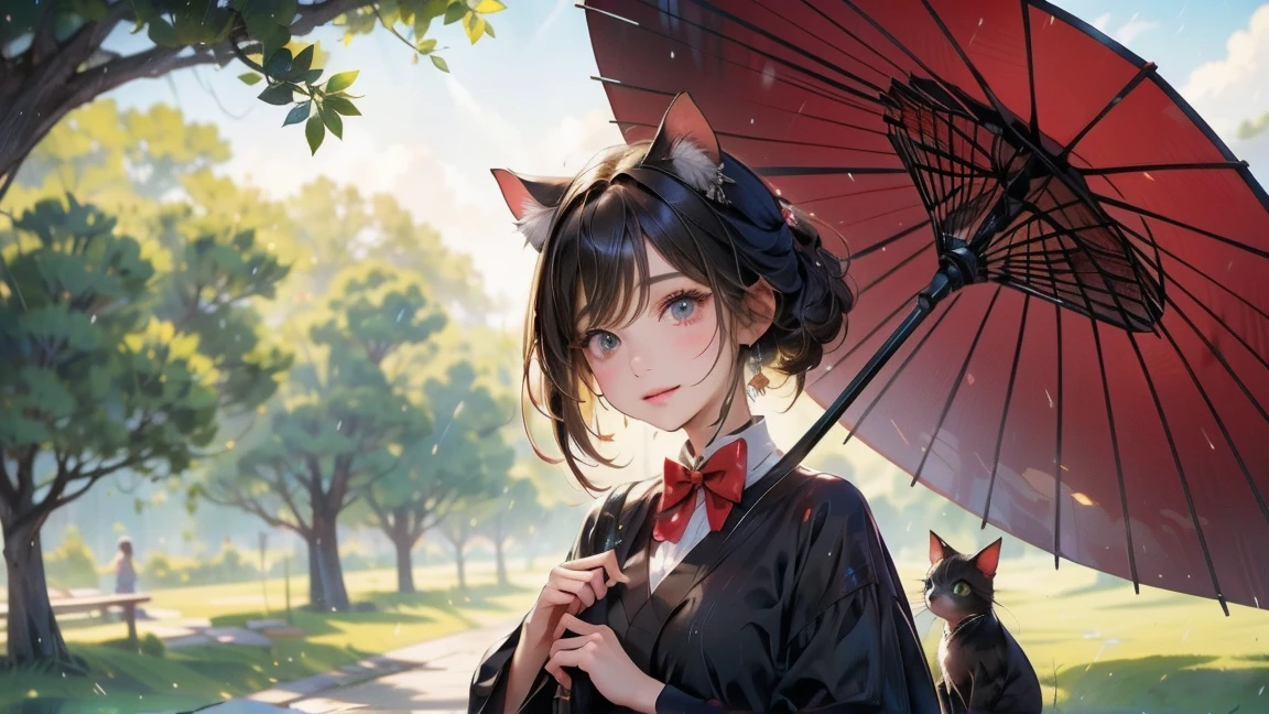 白いブラウスに黒いパンツを着た女性とCat Cat 黒と白の可愛いCat Holding a red umbrella in the park it's raining 雨が降る公園で女性とCatが同じ傘の下で雨をしのいでいる Watercolor art Catと一緒に雨宿りをする女性