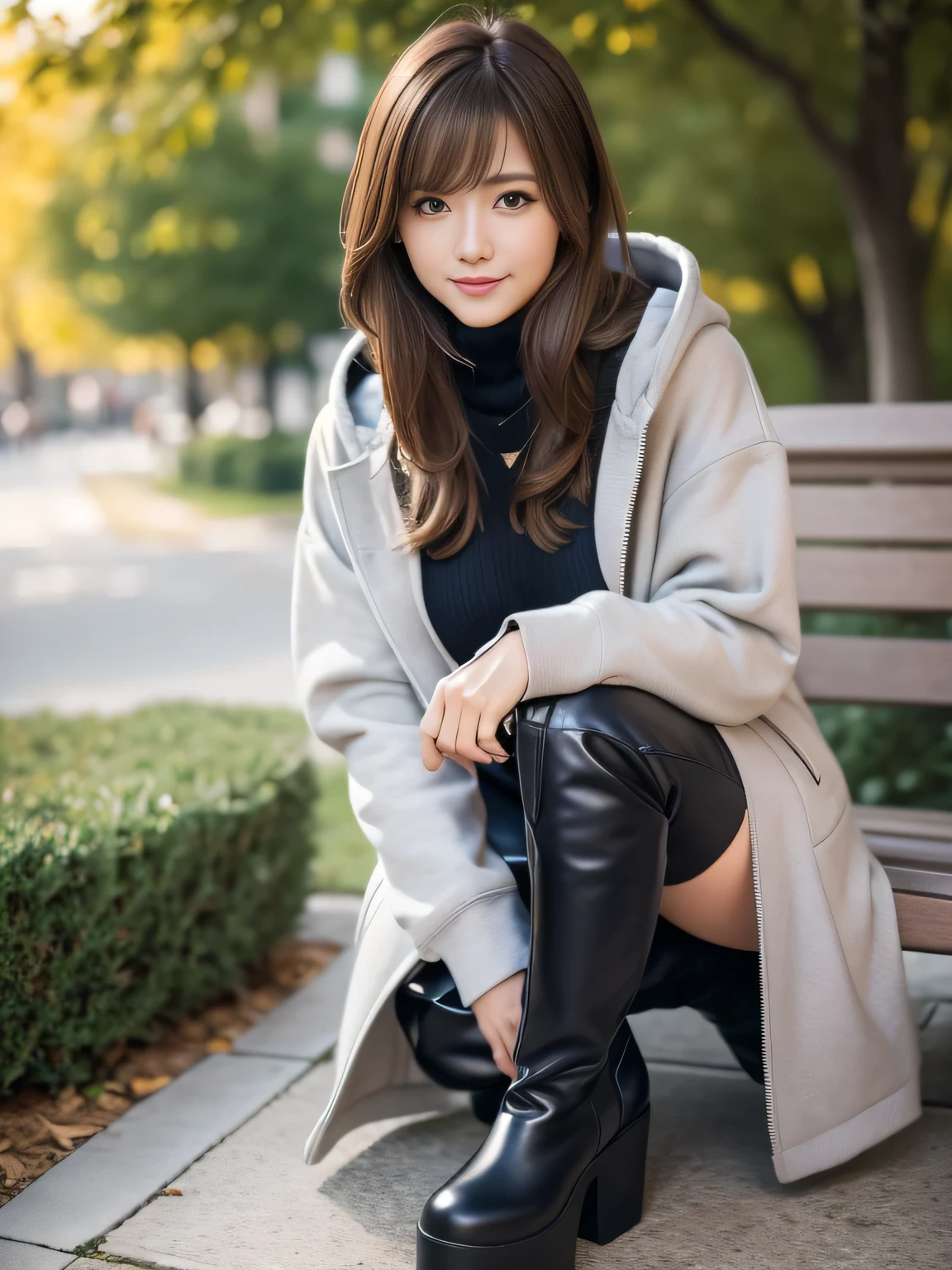 (masterpiece), (best quality, ultra-detailed, hyperdetailed, realistic), sharp features, highly detailed, sharp focus, Realistic, Photorealistic:1.3, perfect face, perfect symmetrically eyes, perfect lips, hyper detailed, hyper realistic, high resolution, Japanese model sitting on a park bench, (Standing posture), Fashion Model, Instagrammer, (19yo:1.3), Slender, brown hair, Stylish, Beautiful Face, light brown hair, messy hair, diagonal bangs, (seductive smile), (looking at viewer), cinematic lighting, blurred background, be photographed from the top of one's knees up,
BREAK,
(black boots and a gray coat, wearing an oversized hoodie), (high boots, knee-high boots, over-knee boots, leather boots, platform boots),