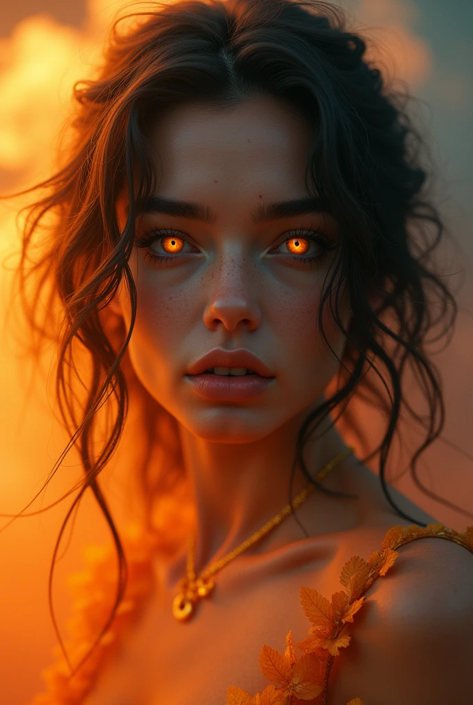 Full body, ultra-photorealistic, surreal, (masterpiece), Princess. messy hair, beautiful face, cinematic light, beautiful woman, predatory look to the camera, (((glowing orange eyes))), perfect anatomy, sunset, multicoloured smoke on background, title "Autumn season", wide angle, low angle, close range, style, 8k resolution, elegant, near perfection, dynamic, very detailed, character sheet, concept art, textured skin